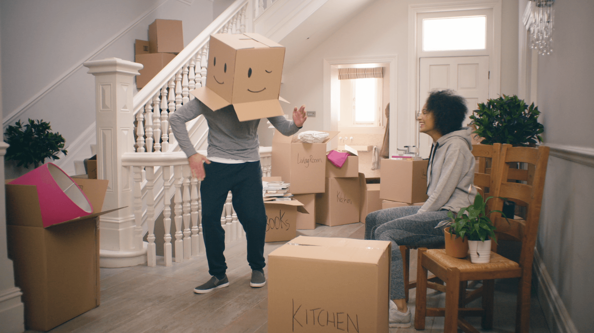 man wearing box on head